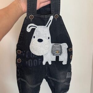 Kids Black Denim Overalls with Dog Patch